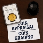 A professionally graded and encased valuable U.S. coin sits on a dark wooden table, symbolizing coin appraisal and preservation