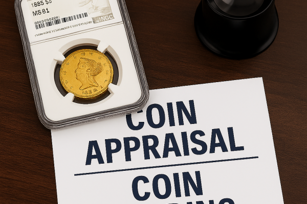 A professionally graded and encased valuable U.S. coin sits on a dark wooden table, symbolizing coin appraisal and preservation