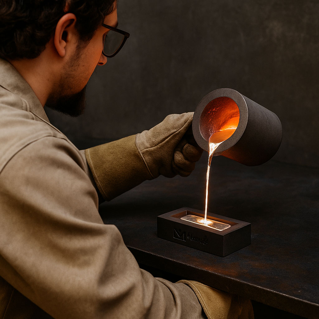 Craftsman Pouring Molten Metal into a Custom Mold in a Professional Workshop
