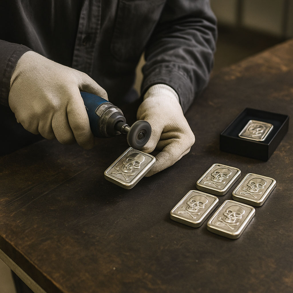 A craftsman carefully polishing a silver coin on a soft cloth surface, with packaging materials nearby.