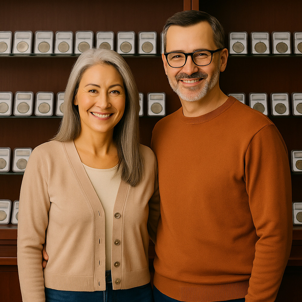Smiling couple standing in front of a coin collection display at Keywell Collectibles