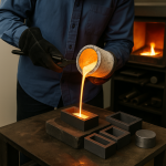 Close-up of molten silver being poured into a mold during the hand-poured silver process at Mafia Metals.