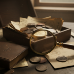 A moody, close-up scene featuring a wooden box overflowing with vintage papers and a mixed stack of old gold and silver coins. A brass magnifying glass rests on a leather book and antique paper in the foreground, intentionally obscuring coin details. Soft light highlights the scene, evoking historical study and discovery.