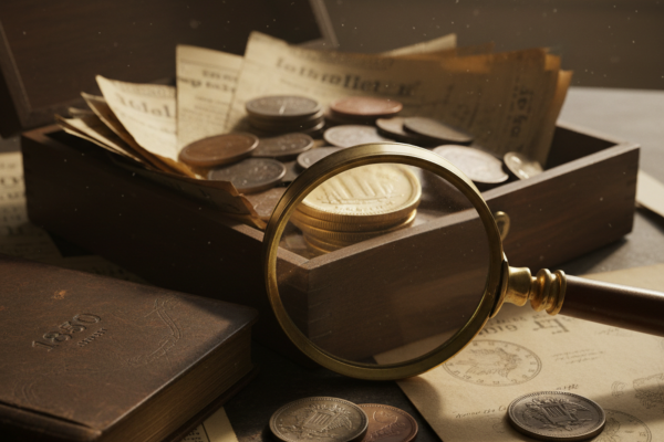 A moody, close-up scene featuring a wooden box overflowing with vintage papers and a mixed stack of old gold and silver coins. A brass magnifying glass rests on a leather book and antique paper in the foreground, intentionally obscuring coin details. Soft light highlights the scene, evoking historical study and discovery.