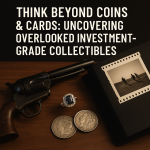 Flat-lay photograph of investment-grade collectibles including an antique revolver, vintage jewelry, silver coins, and film memorabilia arranged on a dark wooden surface.
