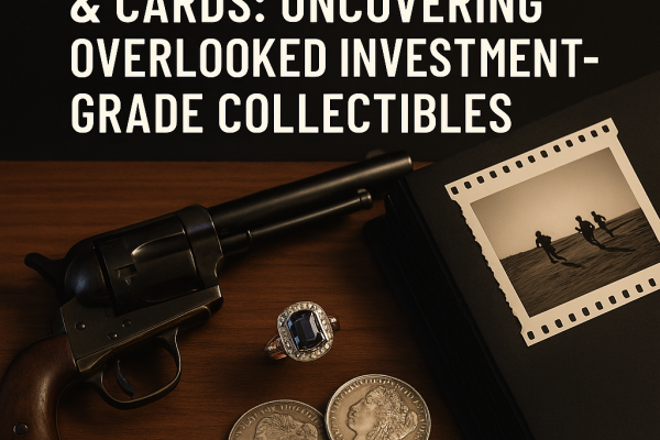 Flat-lay photograph of investment-grade collectibles including an antique revolver, vintage jewelry, silver coins, and film memorabilia arranged on a dark wooden surface.