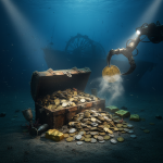 A dramatic underwater scene showing an antique, open treasure chest overflowing with a massive hoard of gold and silver coins on the ocean floor. A robotic, mechanical arm, illuminated by a spotlight, is grasping a single, large gold coin from the pile. In the murky background, the silhouette of a shipwreck is visible, suggesting a sunken paddle steamer. The coin is intentionally obscured by light glare and dust. The image conveys the atmosphere of deep-sea discovery and immense, lost wealth.