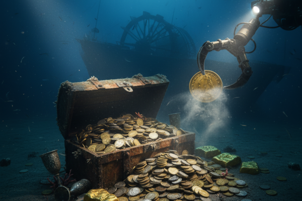 A dramatic underwater scene showing an antique, open treasure chest overflowing with a massive hoard of gold and silver coins on the ocean floor. A robotic, mechanical arm, illuminated by a spotlight, is grasping a single, large gold coin from the pile. In the murky background, the silhouette of a shipwreck is visible, suggesting a sunken paddle steamer. The coin is intentionally obscured by light glare and dust. The image conveys the atmosphere of deep-sea discovery and immense, lost wealth.