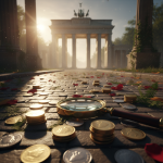 A dramatic, low-angle shot of a brass magnifying glass resting on an old cobblestone path, surrounded by scattered stacks of gold and silver world coins and a few fallen flower petals. The coins are intentionally out of focus or partially obscured by the low angle and strong lighting. In the background, the Brandenburg Gate (or similar classical triumphal arch) is visible, bathed in a brilliant setting or rising sun lens flare. The image evokes a sense of historical journey, discovery, and the connection between world coins and monumental history.