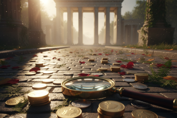 A dramatic, low-angle shot of a brass magnifying glass resting on an old cobblestone path, surrounded by scattered stacks of gold and silver world coins and a few fallen flower petals. The coins are intentionally out of focus or partially obscured by the low angle and strong lighting. In the background, the Brandenburg Gate (or similar classical triumphal arch) is visible, bathed in a brilliant setting or rising sun lens flare. The image evokes a sense of historical journey, discovery, and the connection between world coins and monumental history.