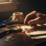 A person's hand holds a coin for inspection over a wooden desk, where other coins are scattered on an open book next to a magnifying glass and a small coin pouch.
