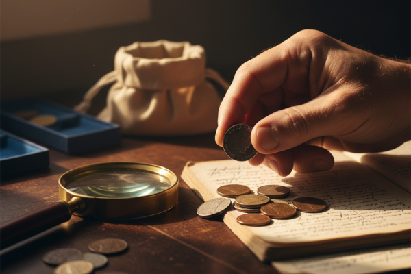 A person's hand holds a coin for inspection over a wooden desk, where other coins are scattered on an open book next to a magnifying glass and a small coin pouch.