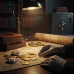 A collector wearing white gloves carefully examines gold and silver coins on a map in a dimly lit study. A desk lamp illuminates the scene, which includes a magnifying glass, antique books, and a large safe in the background, representing the appraisal and security of precious metals.