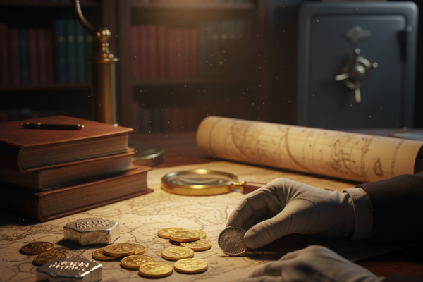 A collector wearing white gloves carefully examines gold and silver coins on a map in a dimly lit study. A desk lamp illuminates the scene, which includes a magnifying glass, antique books, and a large safe in the background, representing the appraisal and security of precious metals.