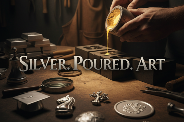 A silversmith's hands carefully pour molten, glowing silver from a crucible into a mold on a wooden workbench. The foreground is filled with finished custom-poured silver art pieces, including a graduation cap, a horse head, and interlocking hearts. The text "SILVER. POURED. ART" is overlaid on the image.