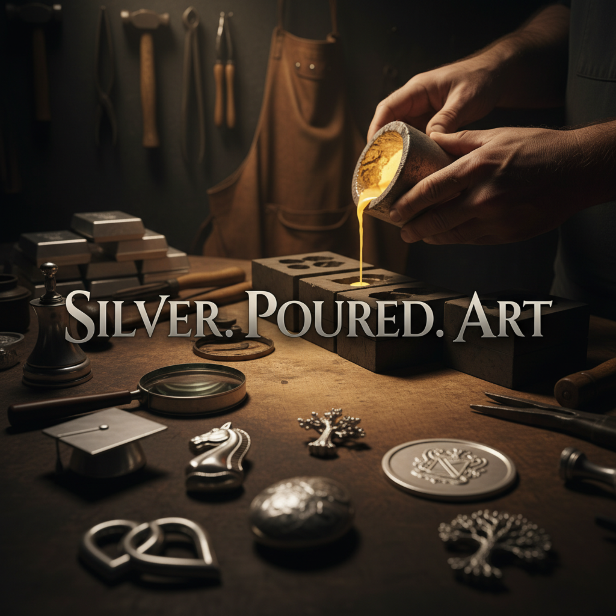 A silversmith's hands carefully pour molten, glowing silver from a crucible into a mold on a wooden workbench. The foreground is filled with finished custom-poured silver art pieces, including a graduation cap, a horse head, and interlocking hearts. The text "SILVER. POURED. ART" is overlaid on the image.