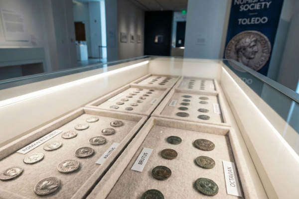 A bright, wide-angle shot of a museum exhibition case displaying several rows of ancient silver and bronze coins in rectangular, light-colored felt trays. The trays are labeled with historical names, including "ROMA REPVB," "BRVTVS," and "OCTAVIAN." The coins are presented in a clean, institutional setting, with a sign for the American Numismatic Society Toledo visible in the background. The image captures the atmosphere of scholarly numismatic exhibition and historical study.