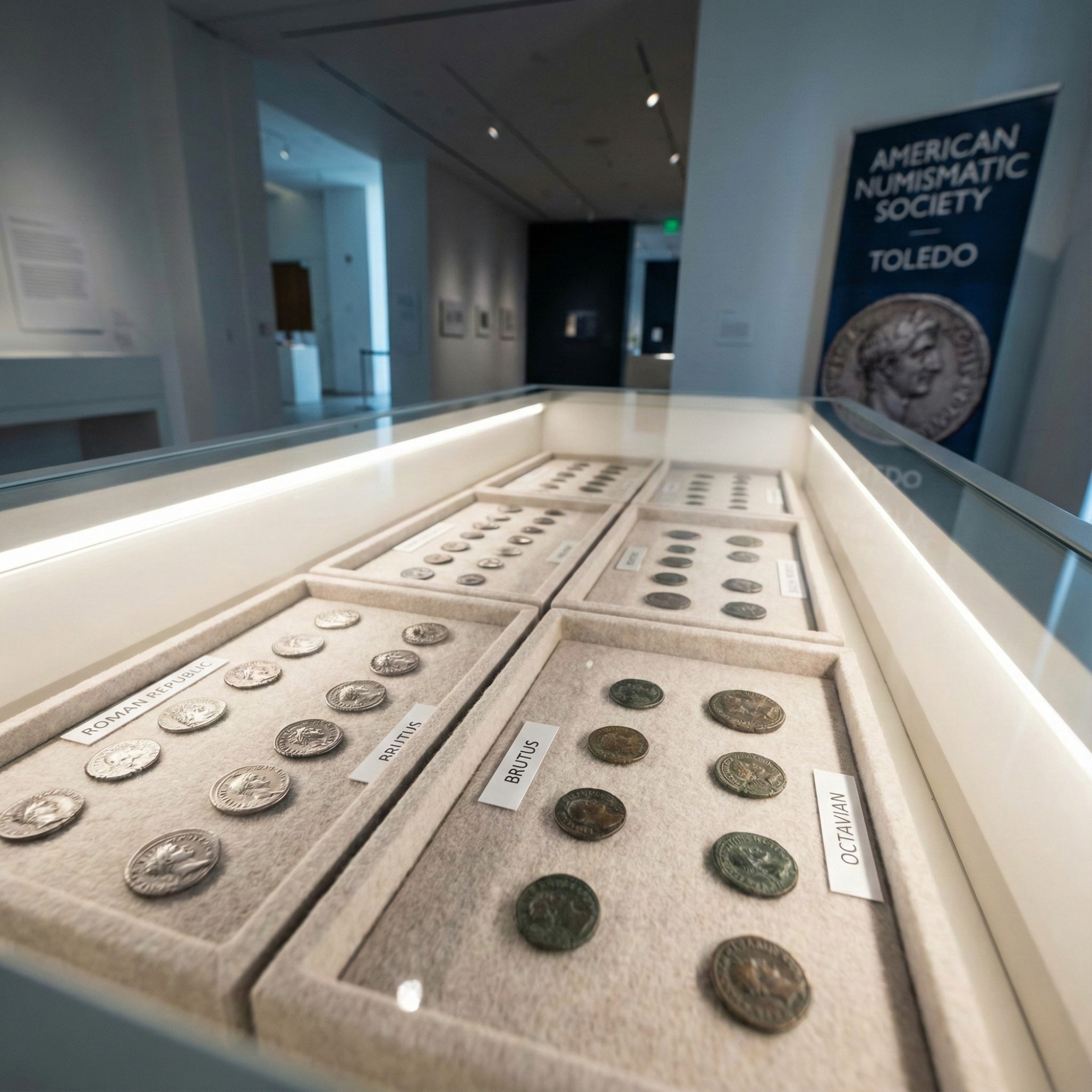 A bright, wide-angle shot of a museum exhibition case displaying several rows of ancient silver and bronze coins in rectangular, light-colored felt trays. The trays are labeled with historical names, including "ROMA REPVB," "BRVTVS," and "OCTAVIAN." The coins are presented in a clean, institutional setting, with a sign for the American Numismatic Society Toledo visible in the background. The image captures the atmosphere of scholarly numismatic exhibition and historical study.