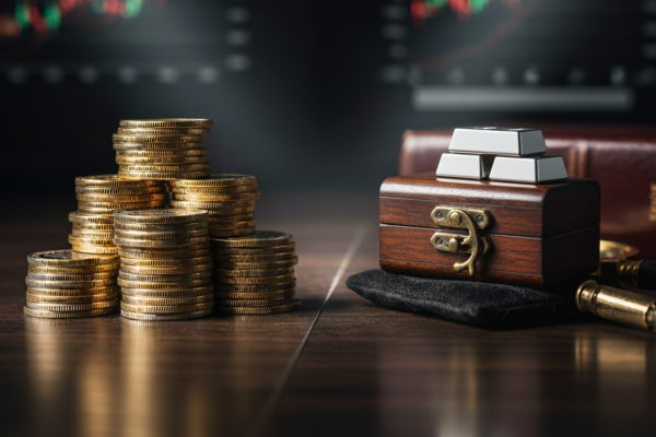 A dark, low-key image contrasting two forms of precious metal investment: a tall stack of perfectly aligned gold bullion coins sits on the left of a polished dark wood table, representing bulk value. On the right, a small, elegant wooden treasure box with a brass latch holds two miniature silver bars on its lid, representing rare, concentrated value. In the deep, blurred background, a digital stock or commodity chart with red and green lines is faintly visible, underscoring the investment theme. The focus is on the contrast of tangible assets against the backdrop of volatile markets.