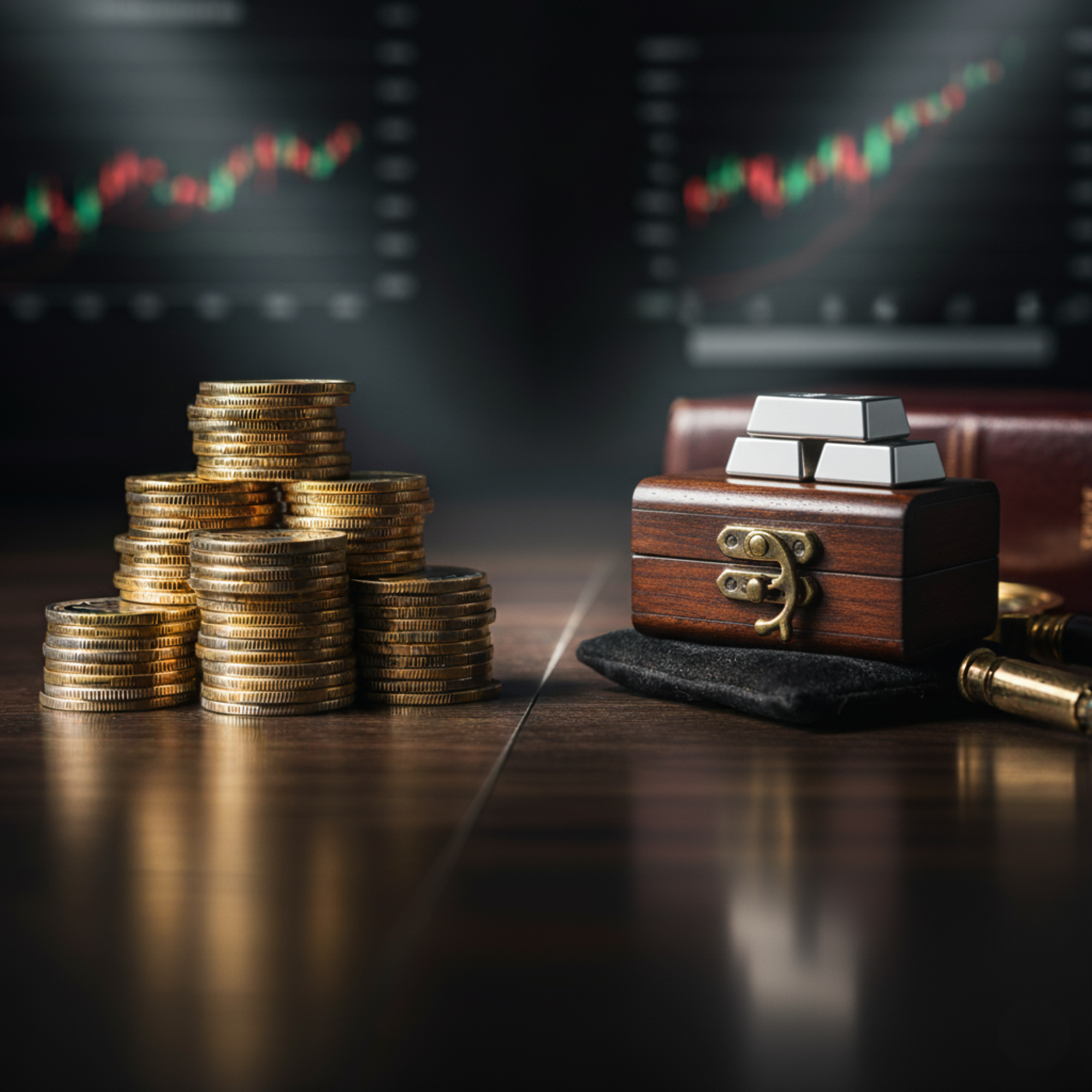A dark, low-key image contrasting two forms of precious metal investment: a tall stack of perfectly aligned gold bullion coins sits on the left of a polished dark wood table, representing bulk value. On the right, a small, elegant wooden treasure box with a brass latch holds two miniature silver bars on its lid, representing rare, concentrated value. In the deep, blurred background, a digital stock or commodity chart with red and green lines is faintly visible, underscoring the investment theme. The focus is on the contrast of tangible assets against the backdrop of volatile markets.