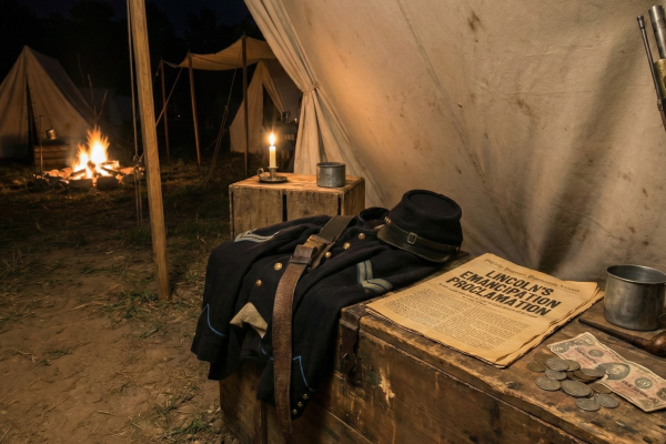 A dramatic, nighttime scene set in a Civil War-era military camp. In the foreground, a wooden footlocker holds a neatly folded dark blue Union uniform jacket, a cap, and a leather belt. Scattered next to the uniform are a small pile of Civil War coins, tokens, and fractional currency (scrip), partially obscuring their details. A vintage newspaper headlined "LINCOLN'S EMANCIPATION PROCLAMATION" is laid over the jacket. The background features the dimly lit interior of a canvas tent, with a glowing campfire and other tents visible outside in the dark, evoking the harsh atmosphere of military life and conflict-era finance.