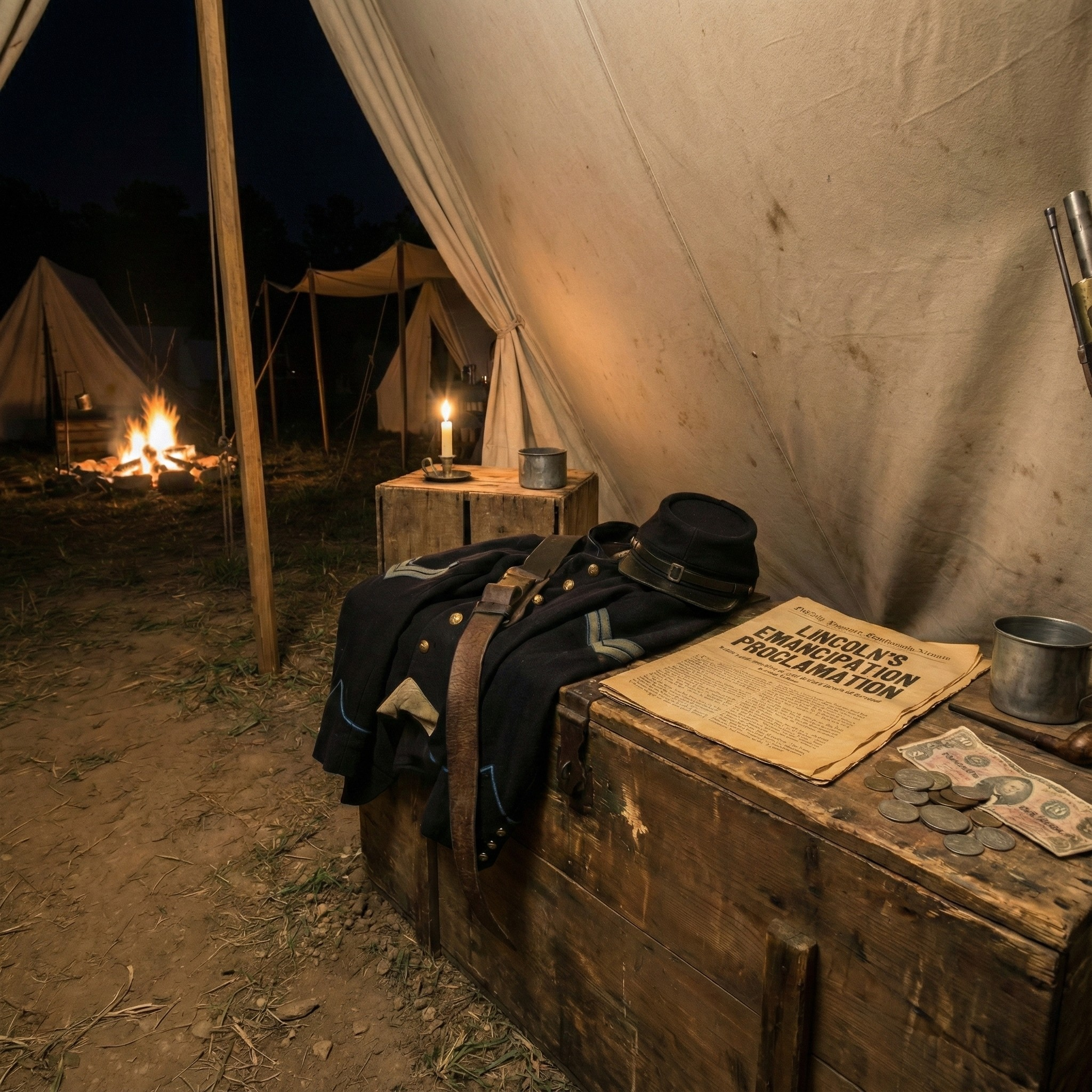 A dramatic, nighttime scene set in a Civil War-era military camp. In the foreground, a wooden footlocker holds a neatly folded dark blue Union uniform jacket, a cap, and a leather belt. Scattered next to the uniform are a small pile of Civil War coins, tokens, and fractional currency (scrip), partially obscuring their details. A vintage newspaper headlined "LINCOLN'S EMANCIPATION PROCLAMATION" is laid over the jacket. The background features the dimly lit interior of a canvas tent, with a glowing campfire and other tents visible outside in the dark, evoking the harsh atmosphere of military life and conflict-era finance.