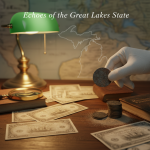 A collector's desk with a vintage feel. A white-gloved hand holds an old coin for inspection. The wooden desk is scattered with antique banknotes and stacks of coins, illuminated by a green banker's lamp. In the background, a glowing outline of Michigan is overlaid on a map, with the text "Echoes of the Great Lakes State" at the top.