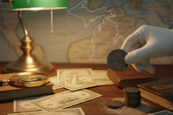 A collector's desk with a vintage feel. A white-gloved hand holds an old coin for inspection. The wooden desk is scattered with antique banknotes and stacks of coins, illuminated by a green banker's lamp. In the background, a glowing outline of Michigan is overlaid on a map, with the text "Echoes of the Great Lakes State" at the top.