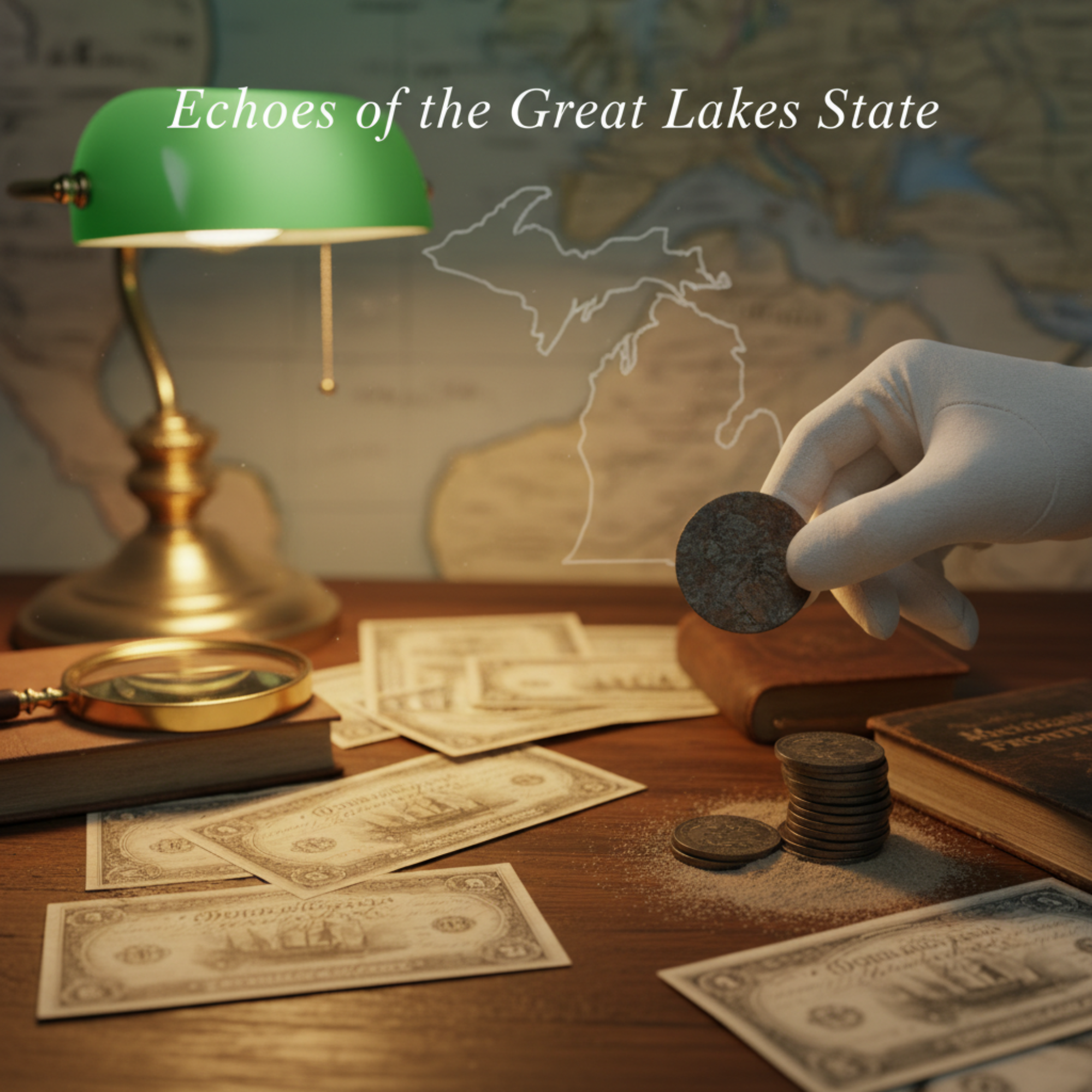 A collector's desk with a vintage feel. A white-gloved hand holds an old coin for inspection. The wooden desk is scattered with antique banknotes and stacks of coins, illuminated by a green banker's lamp. In the background, a glowing outline of Michigan is overlaid on a map, with the text "Echoes of the Great Lakes State" at the top.