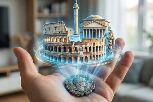 A striking image showing an open palm holding a single, ancient-looking silver coin with an intentionally worn and obscured profile. Above the coin, a miniature, holographic projection or diorama of iconic Roman landmarks—including the Colosseum, the Pantheon, and Trajan's Column—hovers, encircled by glowing blue energy rings. The scene is set in a modern, sunlit living room with blurred shelves and furniture in the background, vividly illustrating the concept of holding history and a civilization's legacy in your hand through a coin.