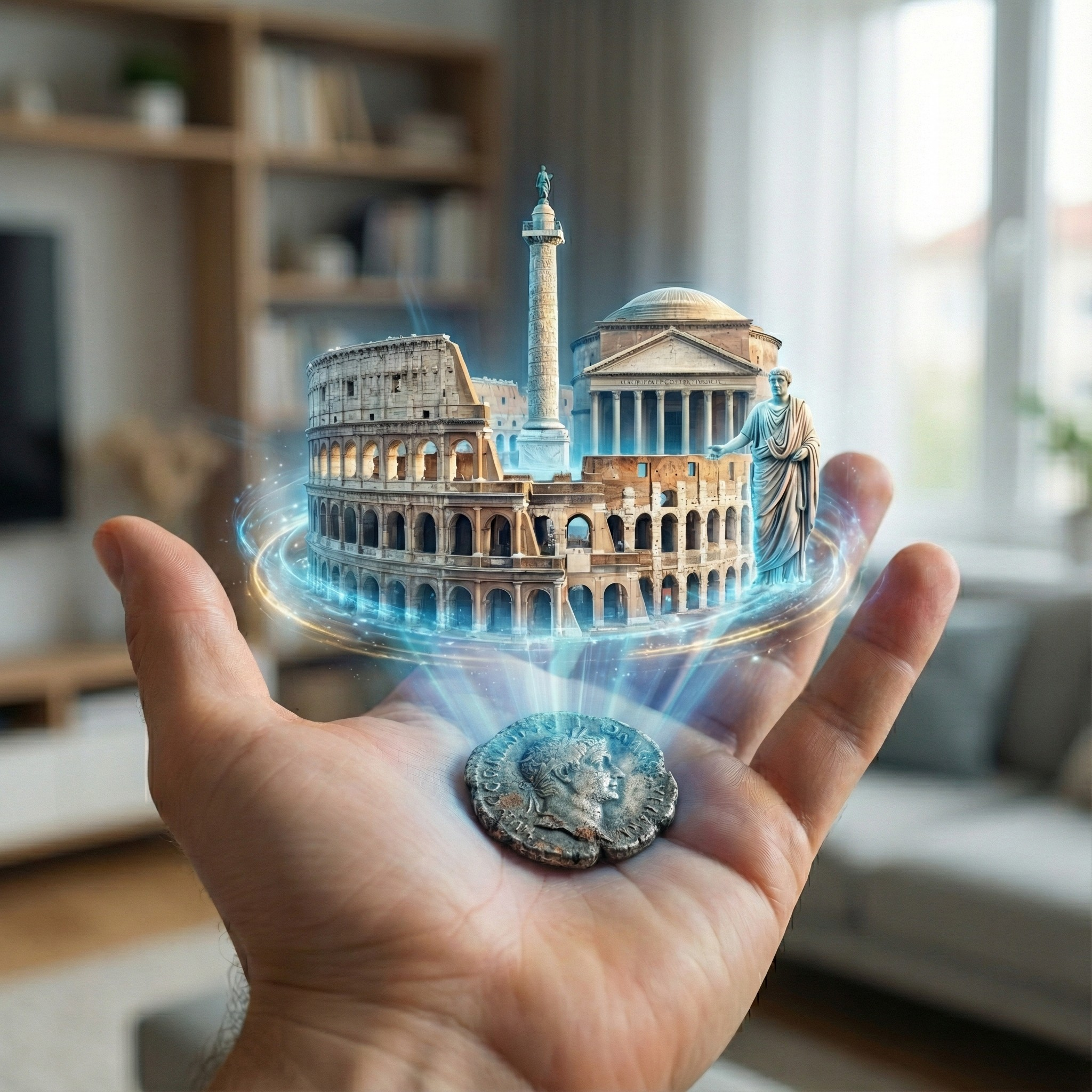 A striking image showing an open palm holding a single, ancient-looking silver coin with an intentionally worn and obscured profile. Above the coin, a miniature, holographic projection or diorama of iconic Roman landmarks—including the Colosseum, the Pantheon, and Trajan's Column—hovers, encircled by glowing blue energy rings. The scene is set in a modern, sunlit living room with blurred shelves and furniture in the background, vividly illustrating the concept of holding history and a civilization's legacy in your hand through a coin.