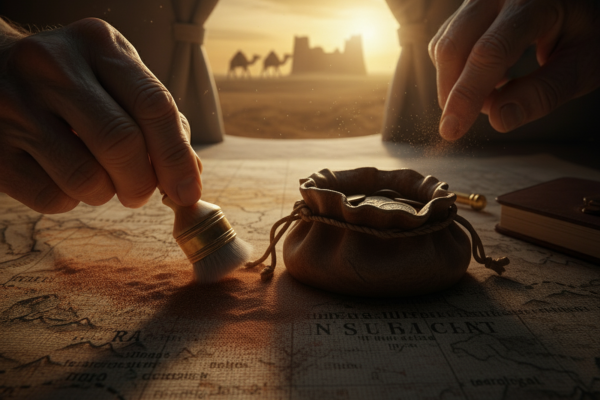 A dramatic, mood-lit scene of hands working over an ancient, detailed map. One hand uses a small brush to clear sand from the map near a drawstring leather pouch full of obscured coins. In the background, a desert sunset scene is visible through a tent opening, featuring silhouetted camels near an old fortress, powerfully evoking the theme of Silk Road discovery and exploration.