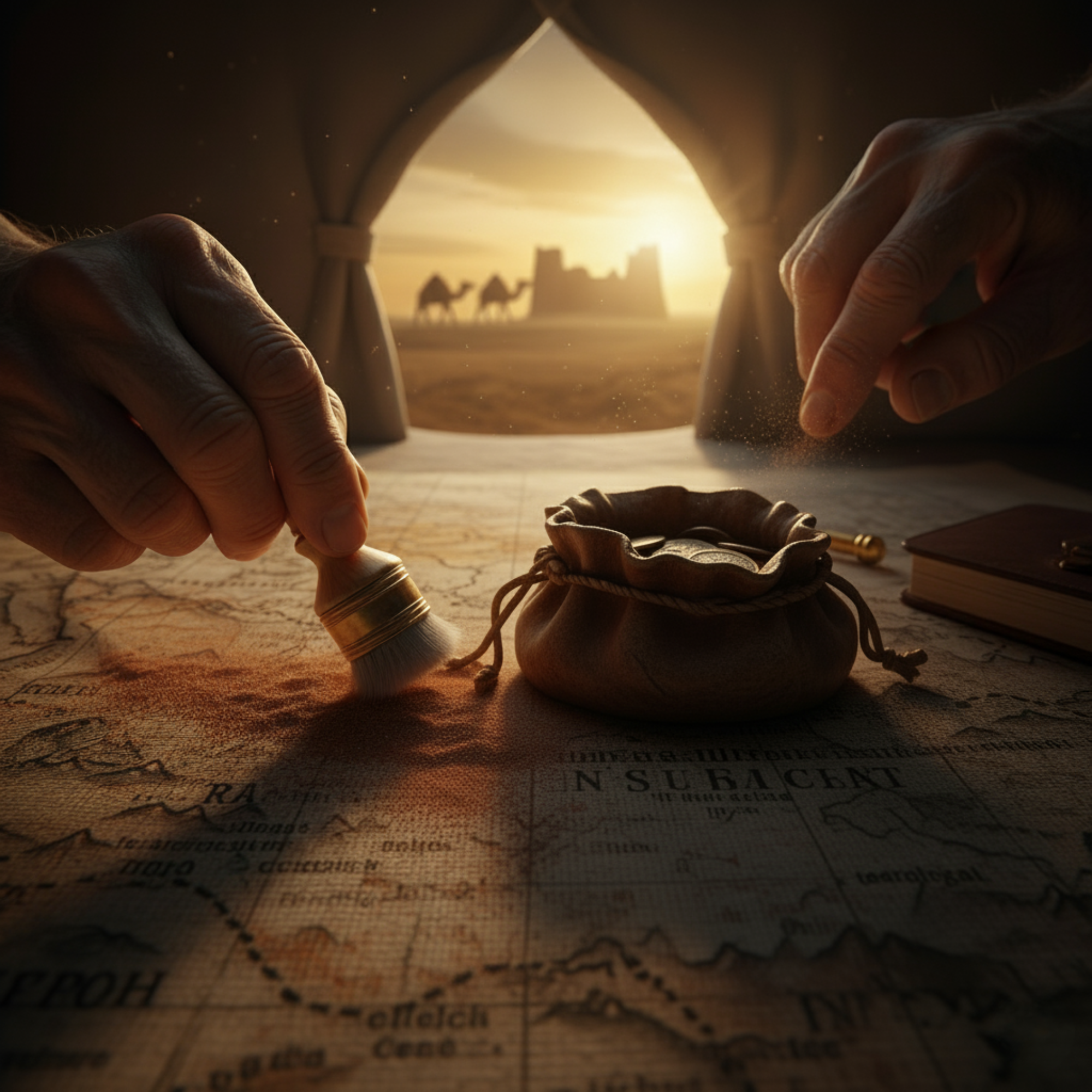A dramatic, mood-lit scene of hands working over an ancient, detailed map. One hand uses a small brush to clear sand from the map near a drawstring leather pouch full of obscured coins. In the background, a desert sunset scene is visible through a tent opening, featuring silhouetted camels near an old fortress, powerfully evoking the theme of Silk Road discovery and exploration.