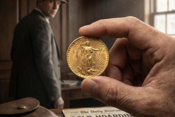 A dramatic, close-up image set in the 1930s, focusing on a hand holding a large gold coin (appearing to be a Saint-Gaudens Double Eagle) between the thumb and forefinger. The coin's date is partially obscured by the fingers and strong lighting, adhering to the illegibility rule. In the foreground, an old newspaper headline reads "GOLD HOARDING BANNED" next to a leather coin pouch and a magnifying glass. In the shadowy, blurred background, a stern man in a period suit and fedora stands near a window, suggesting a clandestine transaction or a worried collector during the 1933 gold recall.