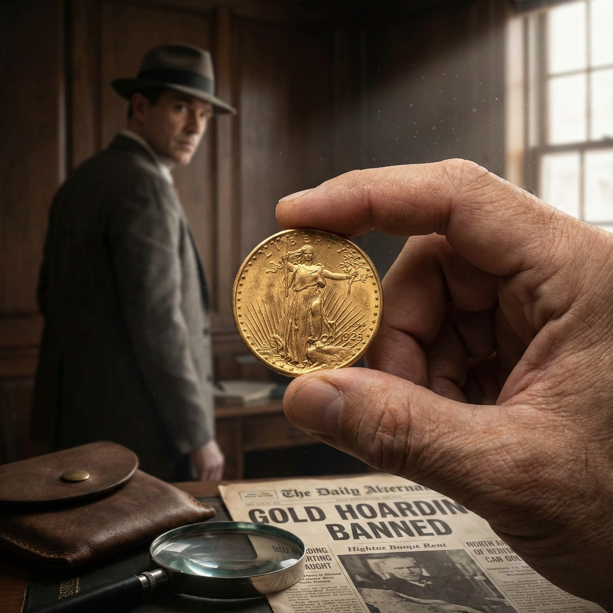 A dramatic, close-up image set in the 1930s, focusing on a hand holding a large gold coin (appearing to be a Saint-Gaudens Double Eagle) between the thumb and forefinger. The coin's date is partially obscured by the fingers and strong lighting, adhering to the illegibility rule. In the foreground, an old newspaper headline reads "GOLD HOARDING BANNED" next to a leather coin pouch and a magnifying glass. In the shadowy, blurred background, a stern man in a period suit and fedora stands near a window, suggesting a clandestine transaction or a worried collector during the 1933 gold recall.