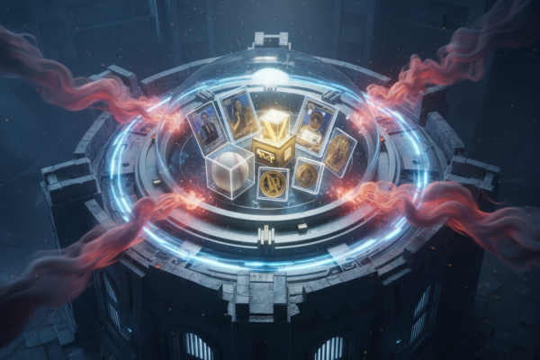 An overhead view of a futuristic vault atop a stone fortress, symbolizing advanced collectible protection. Inside a glass dome, trading cards and a golden chest are shielded by rings of blue light.