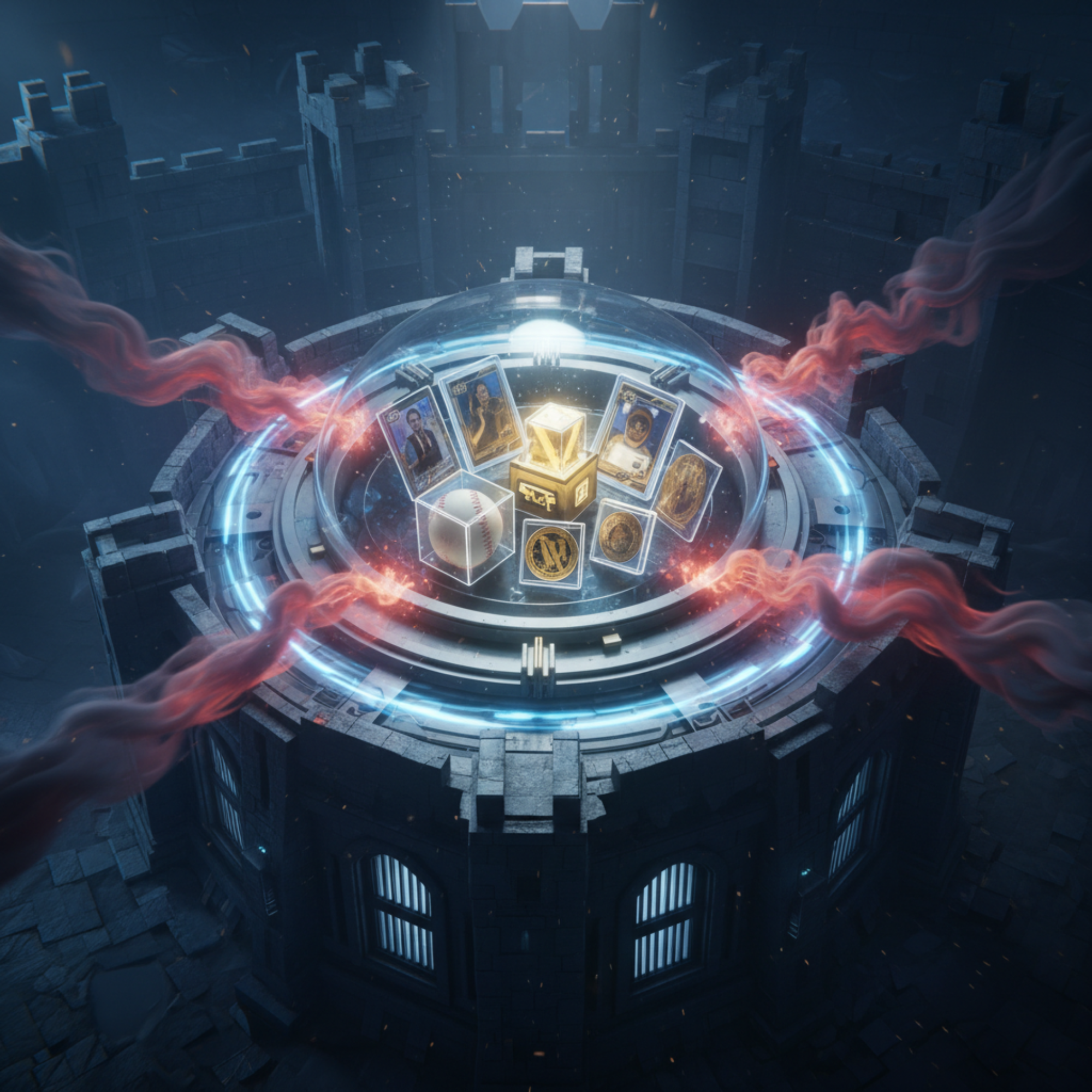 An overhead view of a futuristic vault atop a stone fortress, symbolizing advanced collectible protection. Inside a glass dome, trading cards and a golden chest are shielded by rings of blue light.
