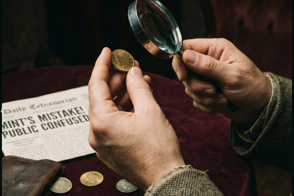 A dramatic close-up showing a collector's hands over a red velvet tabletop. The hands hold a magnifying glass over a single gold coin, which is being closely examined for an apparent error. Scattered on the table are a few other gold and silver coins. A vintage newspaper in the foreground features a partially visible, sensational headline about a minting problem, such as "MINT'S MISTAKE! PUBLIC CONFUSED." The image captures the focus and intense scrutiny involved in identifying valuable error coins and minting disasters. The coin details are intentionally obscured by the magnification, angle, and lighting.