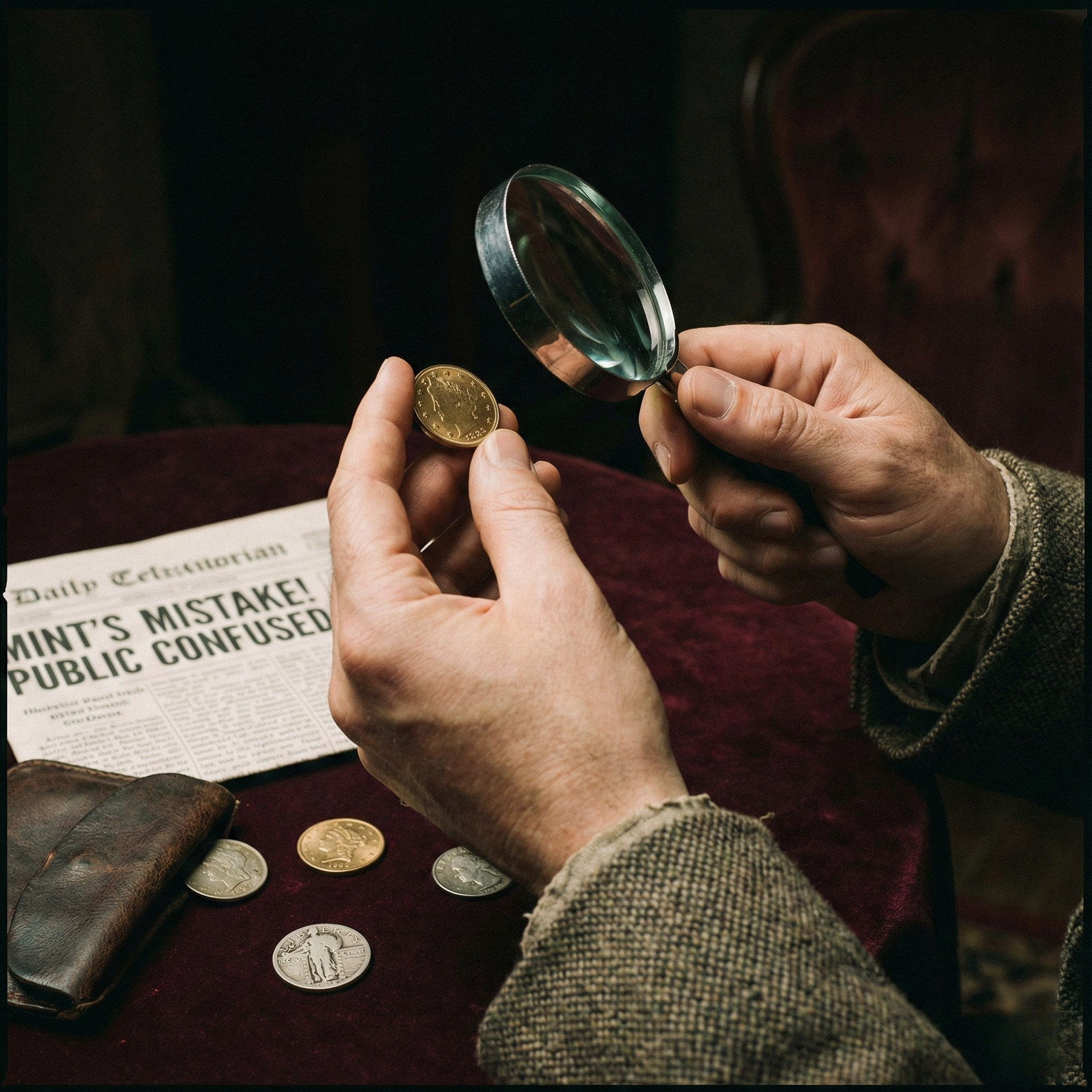 A dramatic close-up showing a collector's hands over a red velvet tabletop. The hands hold a magnifying glass over a single gold coin, which is being closely examined for an apparent error. Scattered on the table are a few other gold and silver coins. A vintage newspaper in the foreground features a partially visible, sensational headline about a minting problem, such as "MINT'S MISTAKE! PUBLIC CONFUSED." The image captures the focus and intense scrutiny involved in identifying valuable error coins and minting disasters. The coin details are intentionally obscured by the magnification, angle, and lighting.