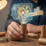 A close-up image showing a person's hands holding a partially opened bank paper coin roll on a wooden desk. A column of light beams upward from the coins, projecting a glowing, blue and gold holographic display. This hologram features an open vault door, various currency symbols (dollar, euro), and a banner reading "TREASURE HUNT," illustrating the excitement of searching for rare coins in everyday rolls. Several other coin rolls and a magnifying glass are visible in the blurred background.
