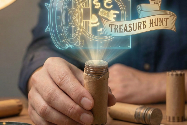 A close-up image showing a person's hands holding a partially opened bank paper coin roll on a wooden desk. A column of light beams upward from the coins, projecting a glowing, blue and gold holographic display. This hologram features an open vault door, various currency symbols (dollar, euro), and a banner reading "TREASURE HUNT," illustrating the excitement of searching for rare coins in everyday rolls. Several other coin rolls and a magnifying glass are visible in the blurred background.