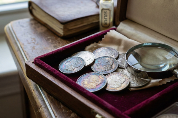 A high-angle, naturally lit close-up of a small, open wooden coin display box lined with red velvet. The box holds a scattered cluster of silver coins, several of which display distinct, beautiful natural rainbow toning (iridescent colors). A large magnifying glass rests on the velvet alongside the coins. In the background on a wooden dresser, a corked glass vial labeled "SULFUR" and an old leather-bound book are visible, suggesting the chemistry and historical study behind coin toning. The coin details are intentionally obscured by the coloring and angle.
