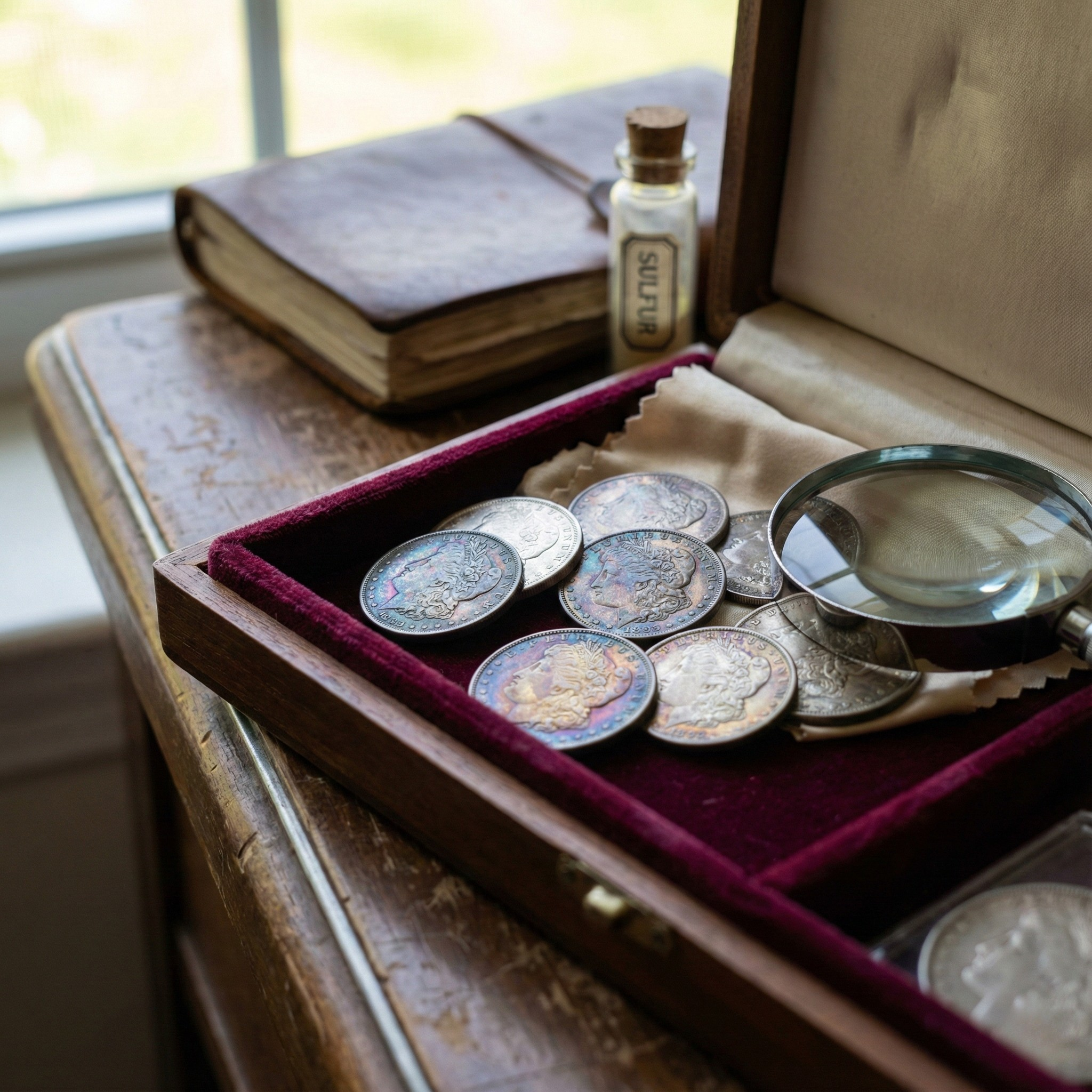 A high-angle, naturally lit close-up of a small, open wooden coin display box lined with red velvet. The box holds a scattered cluster of silver coins, several of which display distinct, beautiful natural rainbow toning (iridescent colors). A large magnifying glass rests on the velvet alongside the coins. In the background on a wooden dresser, a corked glass vial labeled "SULFUR" and an old leather-bound book are visible, suggesting the chemistry and historical study behind coin toning. The coin details are intentionally obscured by the coloring and angle.