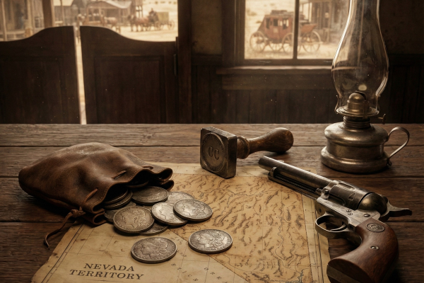 A dramatic, sepia-toned scene set in the Wild West. A rough-hewn wooden table holds a scattered collection of silver dollars spilling from a drawstring leather pouch, lying on an old "Nevada Territory" map. Also on the table are a vintage revolver, a heavy wooden mint stamping tool with "CC" (Carson City) faintly visible, and an old oil lantern. Through the saloon doors in the background, a dusty frontier town is visible, including a stagecoach and a mine headframe, powerfully evoking the history of gold rush and frontier coinage.