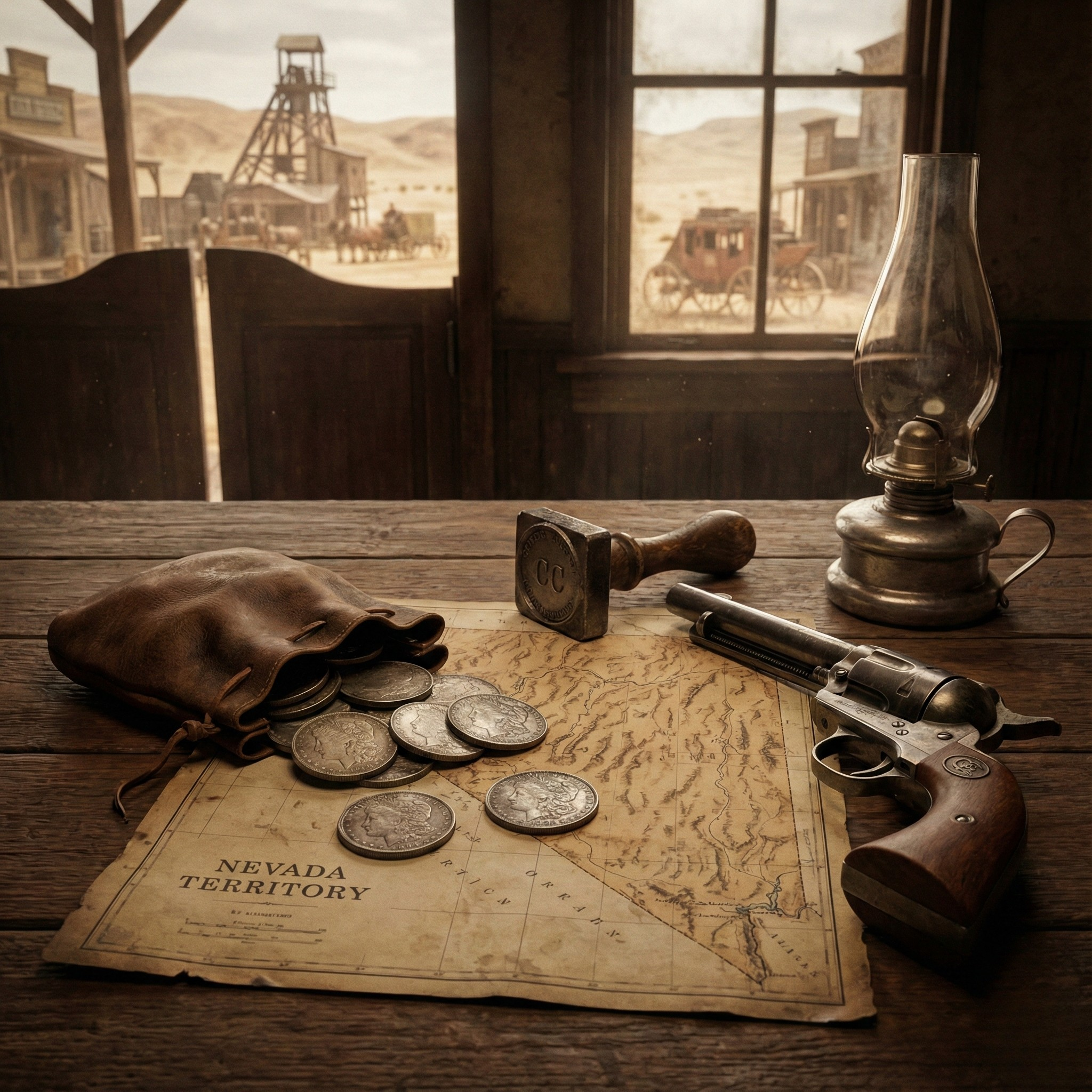 A dramatic, sepia-toned scene set in the Wild West. A rough-hewn wooden table holds a scattered collection of silver dollars spilling from a drawstring leather pouch, lying on an old "Nevada Territory" map. Also on the table are a vintage revolver, a heavy wooden mint stamping tool with "CC" (Carson City) faintly visible, and an old oil lantern. Through the saloon doors in the background, a dusty frontier town is visible, including a stagecoach and a mine headframe, powerfully evoking the history of gold rush and frontier coinage.