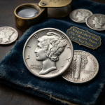 A close-up of two silver Mercury dimes resting on dark blue velvet. The foreground coin displays the 1916 Winged Liberty Head obverse, while the coin tucked beneath it shows the fasces and olive branch reverse. A small brass plaque reading "Winged Liberty Head (The 'Mercury' Dime): Art in Your Pocket" sits to the right, with a jeweler's loupe and several other blurred dimes in the background.