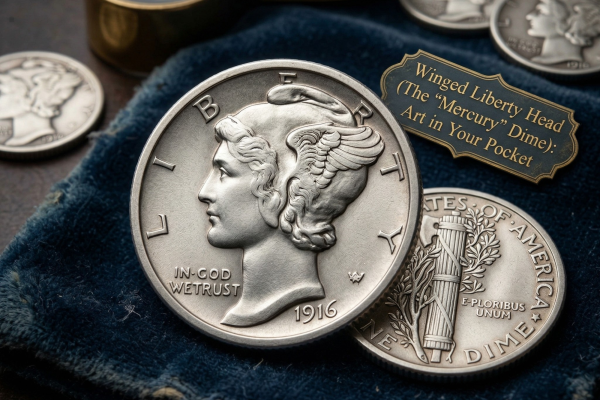 A close-up of two silver Mercury dimes resting on dark blue velvet. The foreground coin displays the 1916 Winged Liberty Head obverse, while the coin tucked beneath it shows the fasces and olive branch reverse. A small brass plaque reading "Winged Liberty Head (The 'Mercury' Dime): Art in Your Pocket" sits to the right, with a jeweler's loupe and several other blurred dimes in the background.
