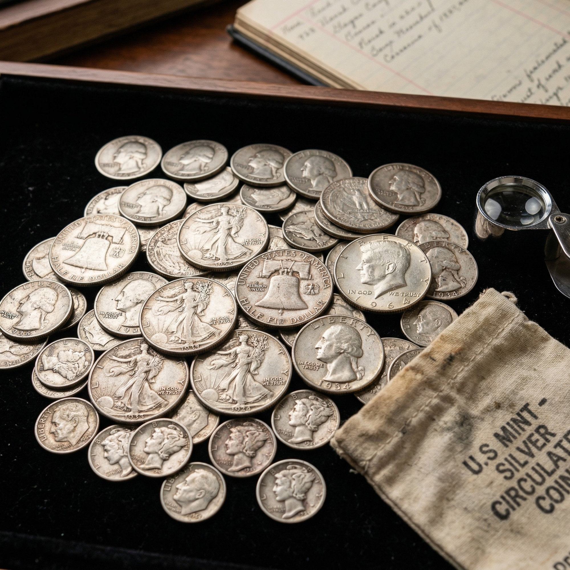 A top-down, atmospheric shot of a black velvet tray overflowing with a variety of circulated US silver coins. The pile includes Walking Liberty half dollars, Franklin half dollars, Washington quarters, Mercury dimes, and Roosevelt dimes, all displaying varying degrees of wear and patina. A small canvas bank bag labeled "U.S. MINT - SILVER CIRCULATED COIN" rests beside the pile, along with a jeweler's loupe and an open handwritten ledger, capturing the tactile excitement of sorting through historical bullion.