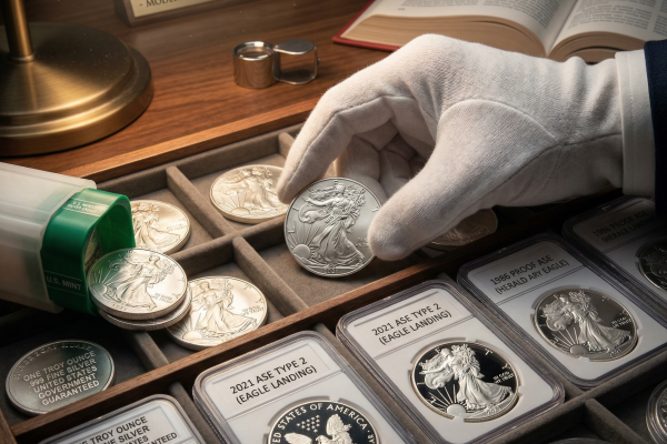 A sophisticated, atmospheric scene of a professional numismatist wearing a white cotton glove, carefully selecting a 2021 Silver Eagle from a wooden display tray. The tray is filled with both loose silver bullion and professionally graded coins in protective slabs, labeled "2021 ASE TYPE 2 (EAGLE LANDING)". The workspace is illuminated by a warm desk lamp and includes an open copy of "A GUIDE BOOK OF UNITED STATES COINS (RED BOOK)" and a nameplate for "KEYWELL COLLECTIBLES - MODERN CLASSICS COLLECTION," highlighting the meticulous care and expert curation of modern precious metals.