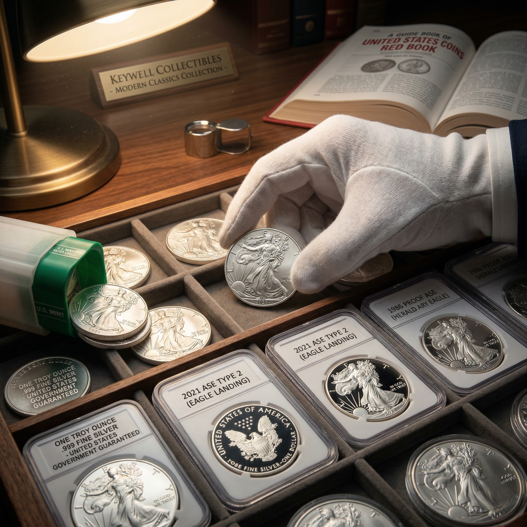 A sophisticated, atmospheric scene of a professional numismatist wearing a white cotton glove, carefully selecting a 2021 Silver Eagle from a wooden display tray. The tray is filled with both loose silver bullion and professionally graded coins in protective slabs, labeled "2021 ASE TYPE 2 (EAGLE LANDING)". The workspace is illuminated by a warm desk lamp and includes an open copy of "A GUIDE BOOK OF UNITED STATES COINS (RED BOOK)" and a nameplate for "KEYWELL COLLECTIBLES - MODERN CLASSICS COLLECTION," highlighting the meticulous care and expert curation of modern precious metals.